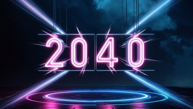 Glowing Digital Number 2040 In Futuristic Style On A Dark Background With Light Streaks