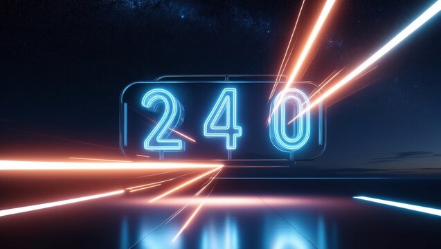 Glowing Digital Number 240 In Futuristic Style On A Dark Background With Light Streaks