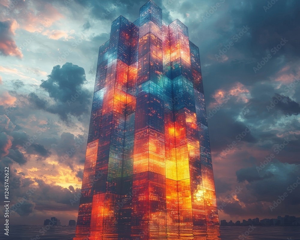 Poster glowing skyscraper tower of illuminated building blocks representing business vision
