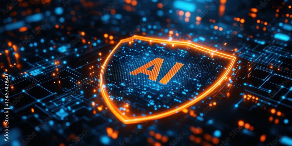 Poster futuristic ai shield concept with blue and orange glow on cyber security background featuring data c