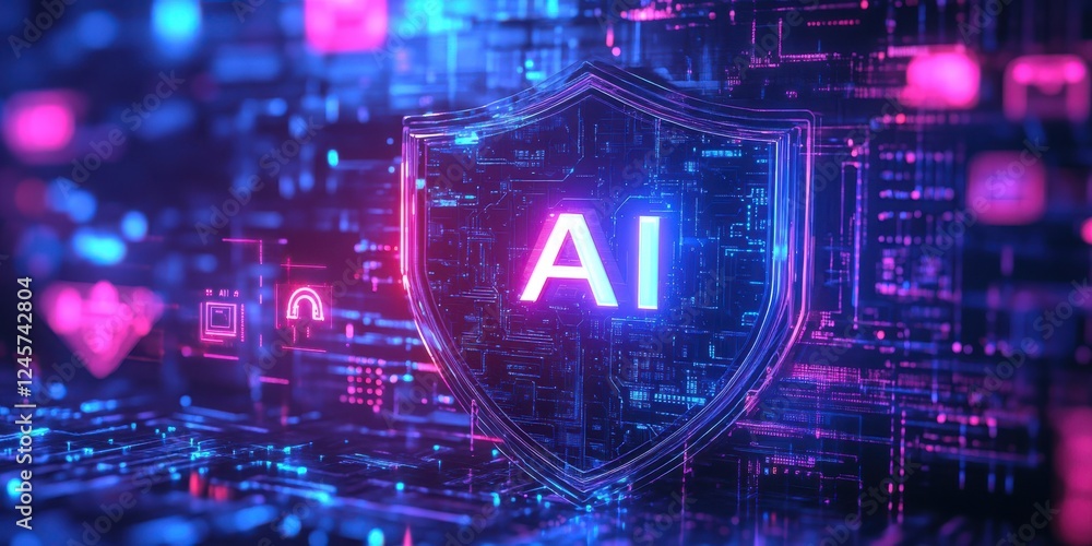 Poster futuristic ai technology shield with neon lights representing cybersecurity and data protection in a