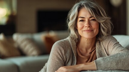 Obraz premium A middle-aged woman sits comfortably in a living room, looking directly at the camera with a warm smile on her face.