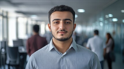 Obraz premium A young man posing confidently in a corporate office setting.