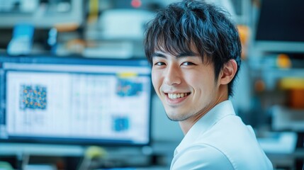 A man is smiling at the camera while seated at a computer with screens displaying graphs and data, suggesting he works in a lab conducting research or data analysis. His enthusiasm conveys his passion