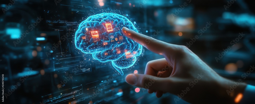 Poster futuristic brain technology concept with digital interface and human finger interaction for artifici