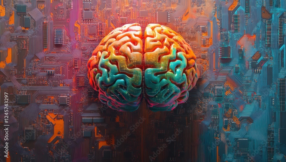Poster futuristic brain surrounded by circuit board patterns in bright colors, symbolizing technology and c