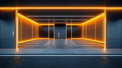 Sleek underground parking garage showcases futuristic design with vibrant neon lights illuminating wooden panels. The serene atmosphere invites a sense of modernity and style