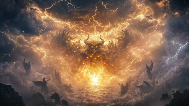 A prophetic vision from the Book of Revelation: a colossal seven-headed beast with ten horns emerges from the sea, surrounded by a stormy sky and flashes of lightning