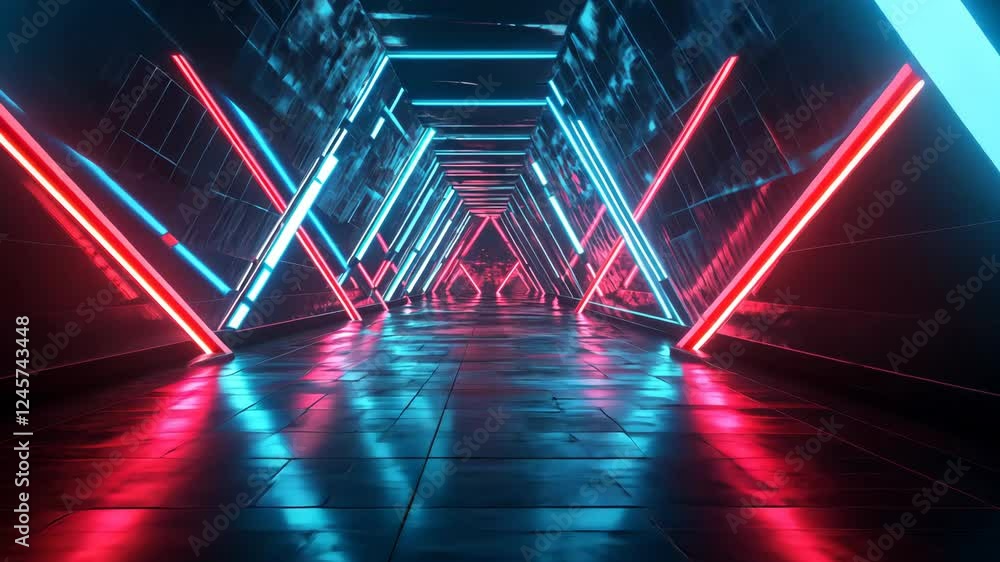 Poster futuristic neon tunnel journey with dynamic light patterns and reflections
