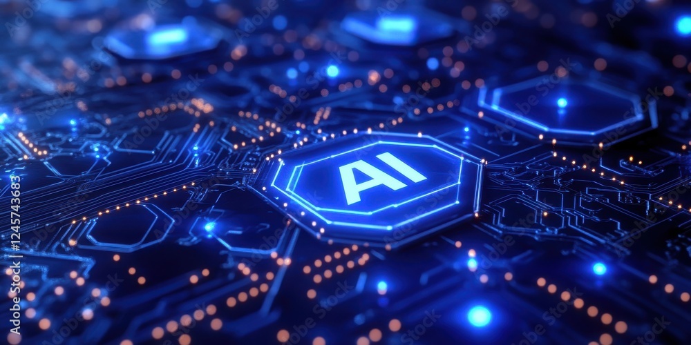 Poster futuristic circuit board technology featuring glowing blue lights and ai symbol representing innovat
