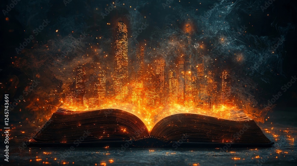 Poster transformative knowledge an open book s glowing skyscraper vision shaping the future