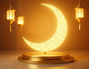 A luxurious golden podium with intricate Islamic geometric patterns, elegantly placed on a reflective surface. The background features a soft, glowing crescent moon and hanging golden lanterns.