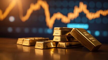 Gold Bullion Bars on Table with Stock Market Graph in Background