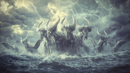 A prophetic vision from the Book of Revelation: a colossal seven-headed beast with ten horns emerges from the sea, surrounded by a stormy sky and flashes of lightning