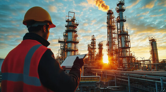 worker in hard hat and work clothes monitors plant performance at non-refinery plant