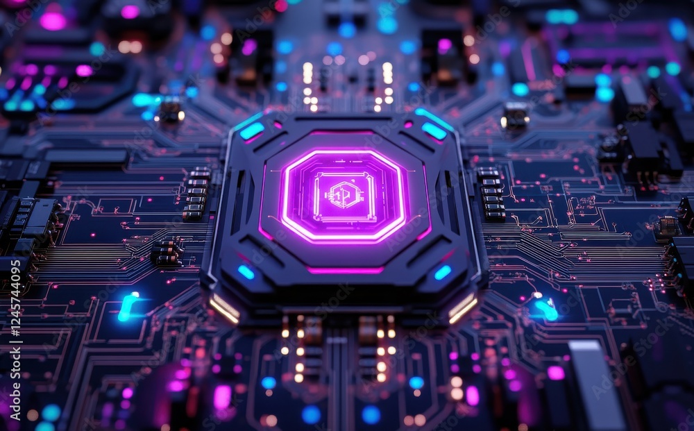 Poster futuristic computer circuit board with vibrant neon lights and a central processor, abstract technol