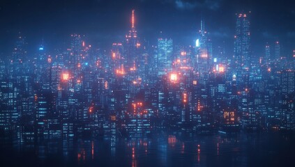 Obraz premium Futuristic city skyline at night glowing with vibrant lights and reflections on water showcasing advanced urban architecture in a digital world