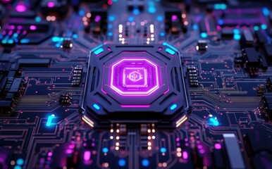 Fototapeta premium Futuristic Computer Circuit Board with Vibrant Neon Lights and a Central Processor, Abstract Technology Background for Digital Concepts