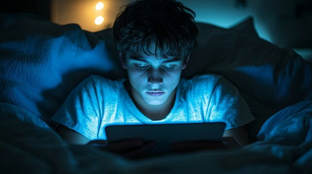 A young boy lying in bed at night, using a tablet computer