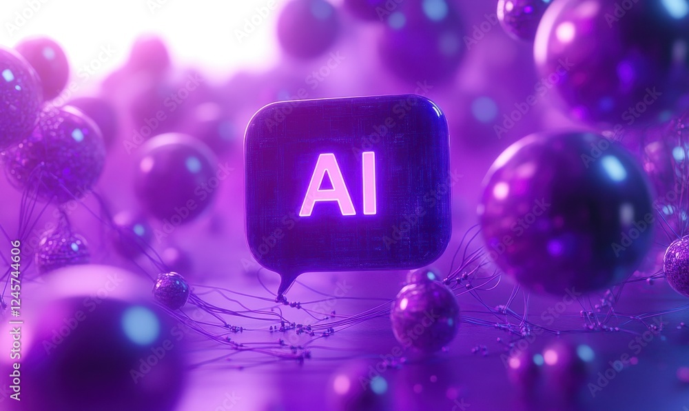 Poster futuristic concept of artificial intelligence symbol with glowing purple particles and spheres, repr