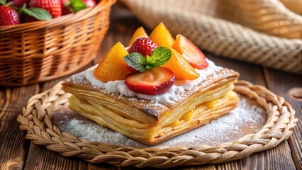 Delicious Pastry Square Topped with Creamy Whipped Topping, Fresh Strawberries, and Apricot Slices Served on a Rustic Wooden Table