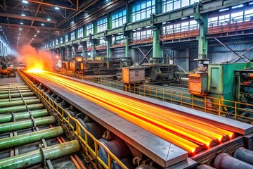 Rolled metal factory. Hot iron slab moving on conveyor of metal rolling mill