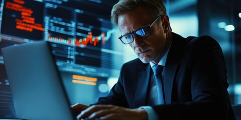 A stock image of a man in business attire working on a laptop, surrounded by digital screens displaying financial and statistical data. The atmosphere suggests an office environment with high-tech