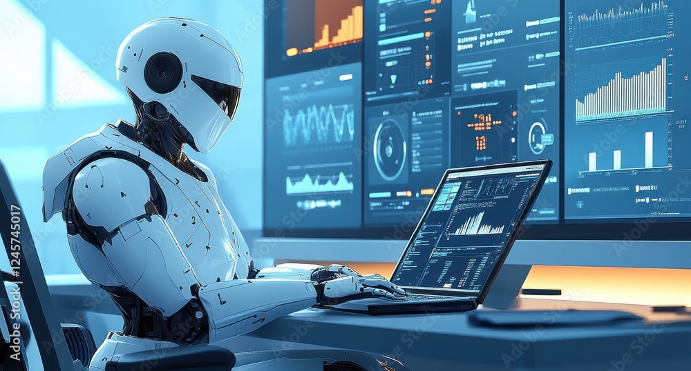 Poster futuristic cybernetic robot working on laptop in modern workspace surrounded by digital screens with
