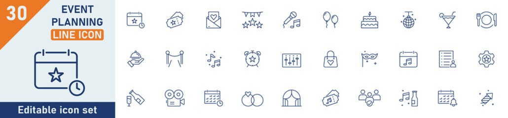 Event planning line icon set. Set of 30 outline icons related to party, birthday, event, catering, invitations, calendar, entertainment, wedding and others. Editable stroke. Vector illustration. © Yunus