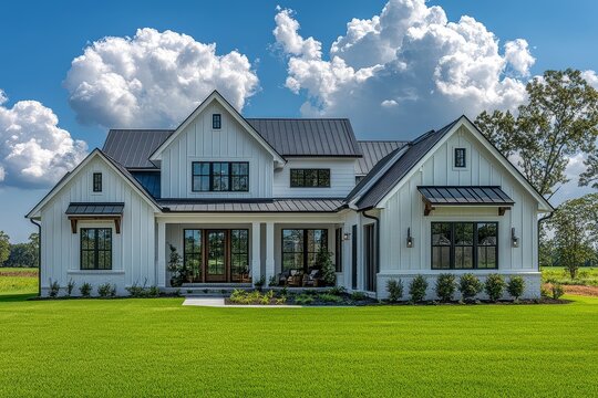 Beautiful modern farmhouse-style home in Dallas with white paint, black windows, dark wood accents, large front yard, oak tree, and blue sky.