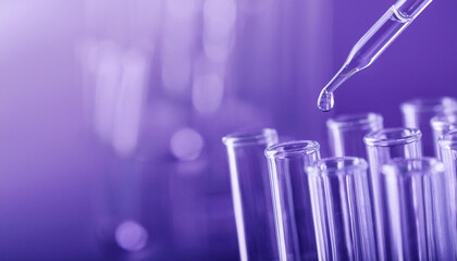 Laboratory test tubes and pipette against purple background. Science, research and chemistry concept
