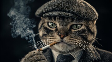 A dapper cat in a suit smoking a cigarette, exuding sophistication.