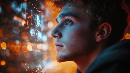 Close-up of a young man contemplating a futuristic digital interface