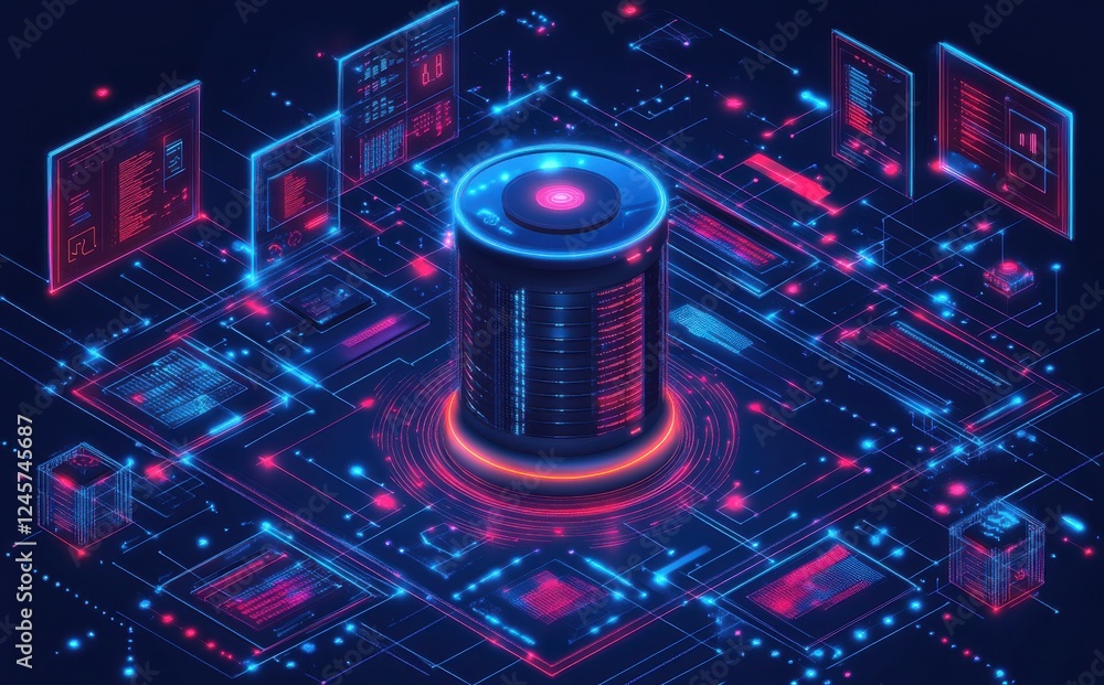 Poster futuristic data storage visualization with neon lights, digital elements, and technology concepts fo