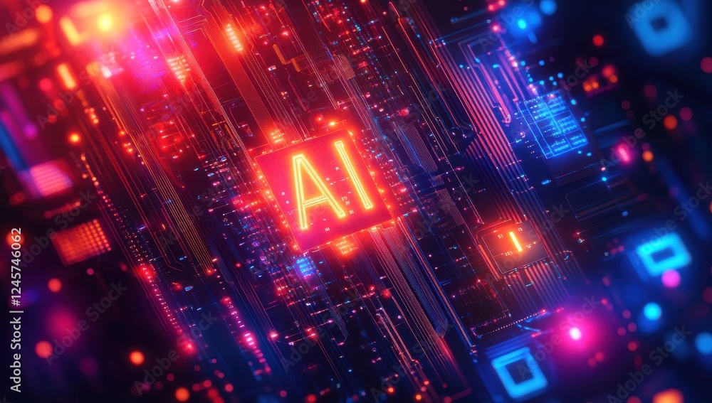 Poster futuristic digital abstract background with ai concept and colorful neon lights in a technology-driv