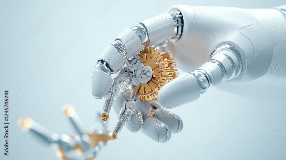 Poster robotic arm assembling intricate parts with precision