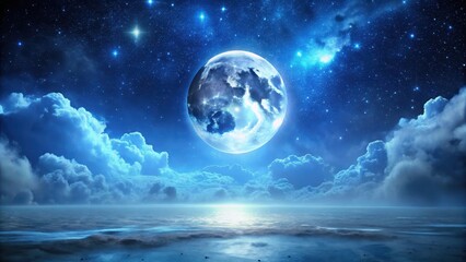 Obraz premium Serene Nightscape A luminous full moon illuminates a tranquil ocean under a breathtaking expanse of starry skies and fluffy clouds.