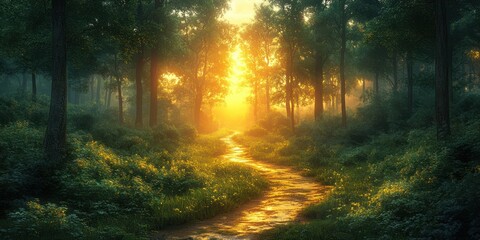 Fototapeta premium Sunrise in the Forest with Golden Light and Misty Path