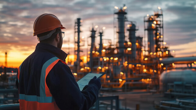 worker in hard hat and work clothes monitors plant performance at non-refinery plant