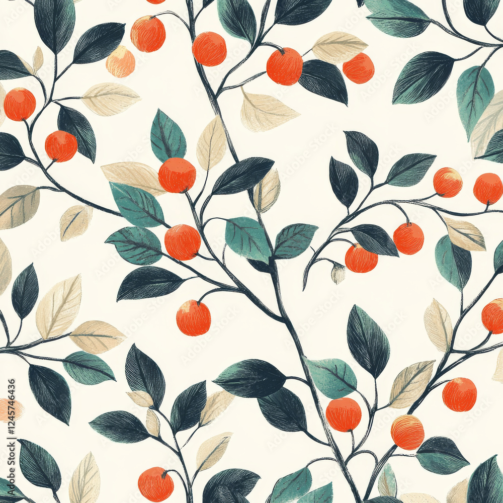Poster seamless pattern with branches and red berries
