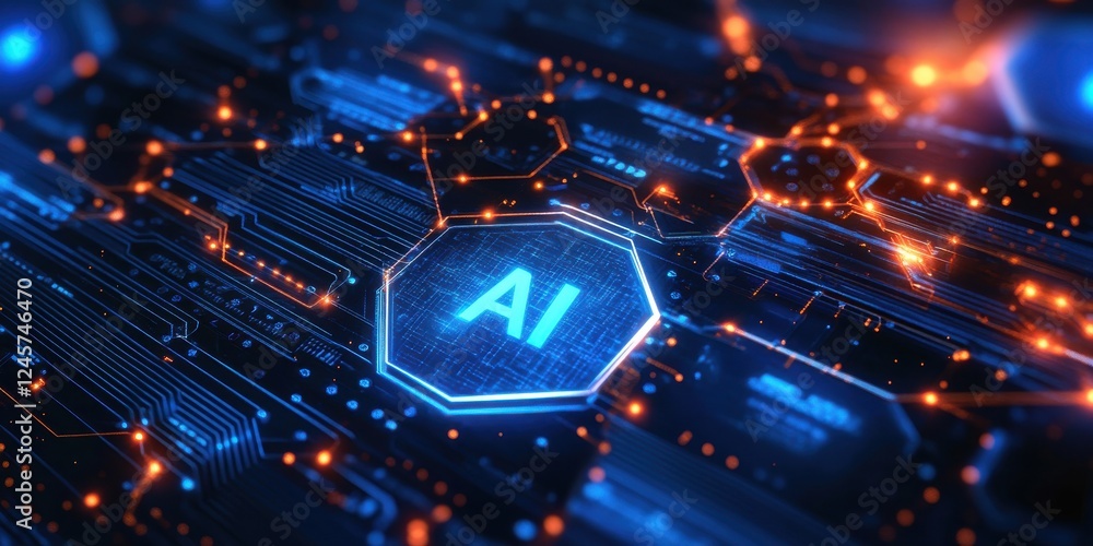Poster futuristic digital background featuring interconnected nodes with glowing lines and an artificial in