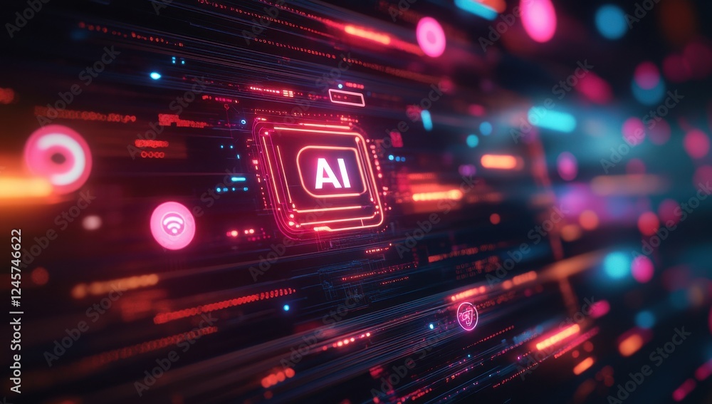 Poster futuristic digital background showcasing artificial intelligence technology with vibrant neon colors