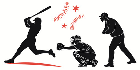 Baseball Game Silhouette Illustration: Batter Swinging, Catcher Crouching, Umpire Watching, Sports Action Art