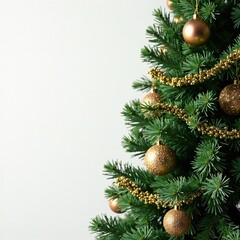 Gold and silver metallic garland on a bare evergreen tree, shiny, bright, evergreen