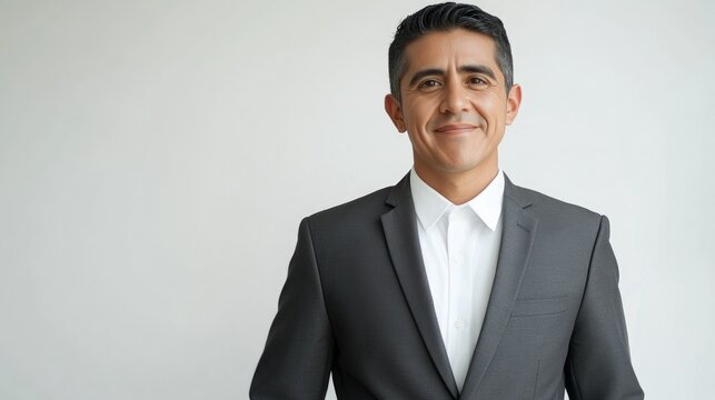 The image showcases a man standing against a neutral backdrop, exuding a confident and approachable demeanor. He is dressed in business attire, including a suit and tie. The lighting emphasizes his