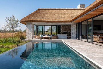 Fototapeta premium Large rectangular pool with thatched-roof seating area, surrounded by stone pavers and greenery, on a sunny spring day in Friesland, Netherlands.