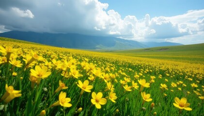 Fototapeta premium Patagras bajo nubes grises con flores almidonadas y verdejillos amarillos, yellows, patagras verdes, flor amarilla