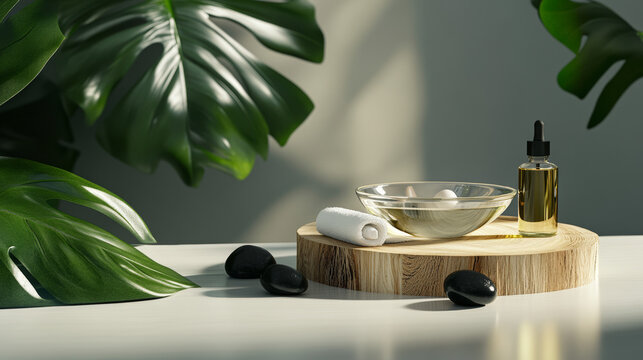 Spa essentials with a burning aromatic candle, natural oils, sea salt, and eucalyptus leaves in a relaxing wellness and tranquility setting