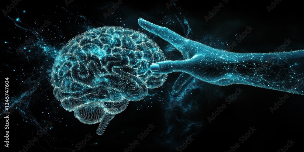 Poster futuristic digital hand reaching towards a glowing brain in a neural network environment representin