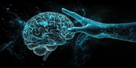 Obraz premium Futuristic Digital Hand Reaching Towards a Glowing Brain in a Neural Network Environment Representing Artificial Intelligence and Cognitive Technology